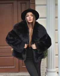 fur turn-down collar coat long sleeve cardigan