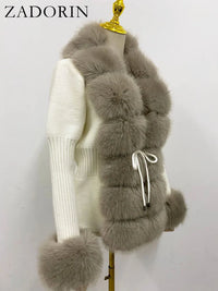 Faux Fur Coat Luxury Knitted Sweater Fur Cardigan Detachable Collar White Pink