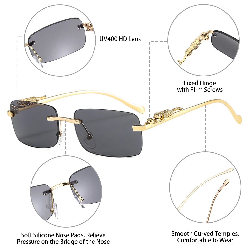 Rimless Square Sunglasses Retro Designer Gold Leopard Style Lenses