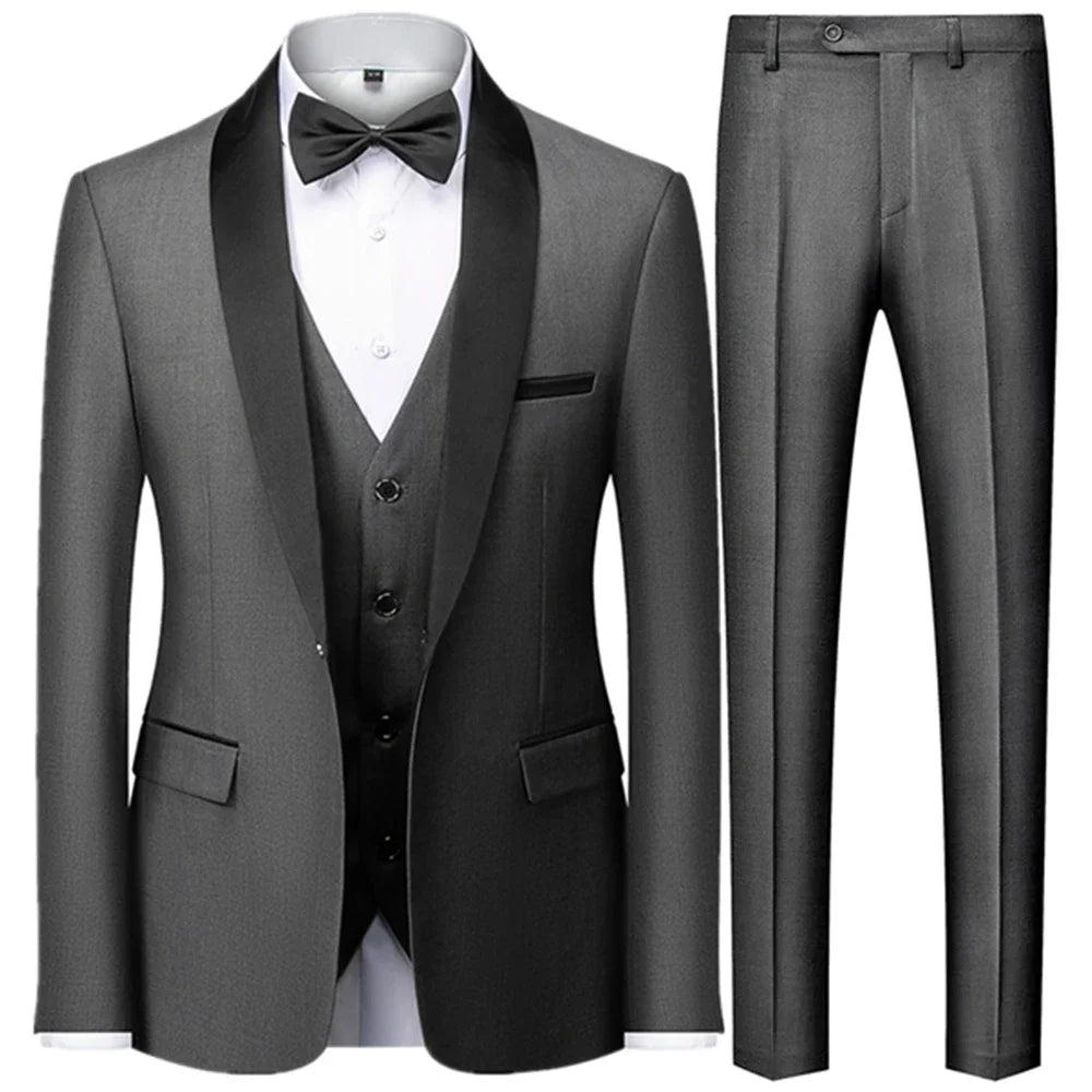 Men’s British Style Slim Suit 3 Piece Set Jacket Vest Pants