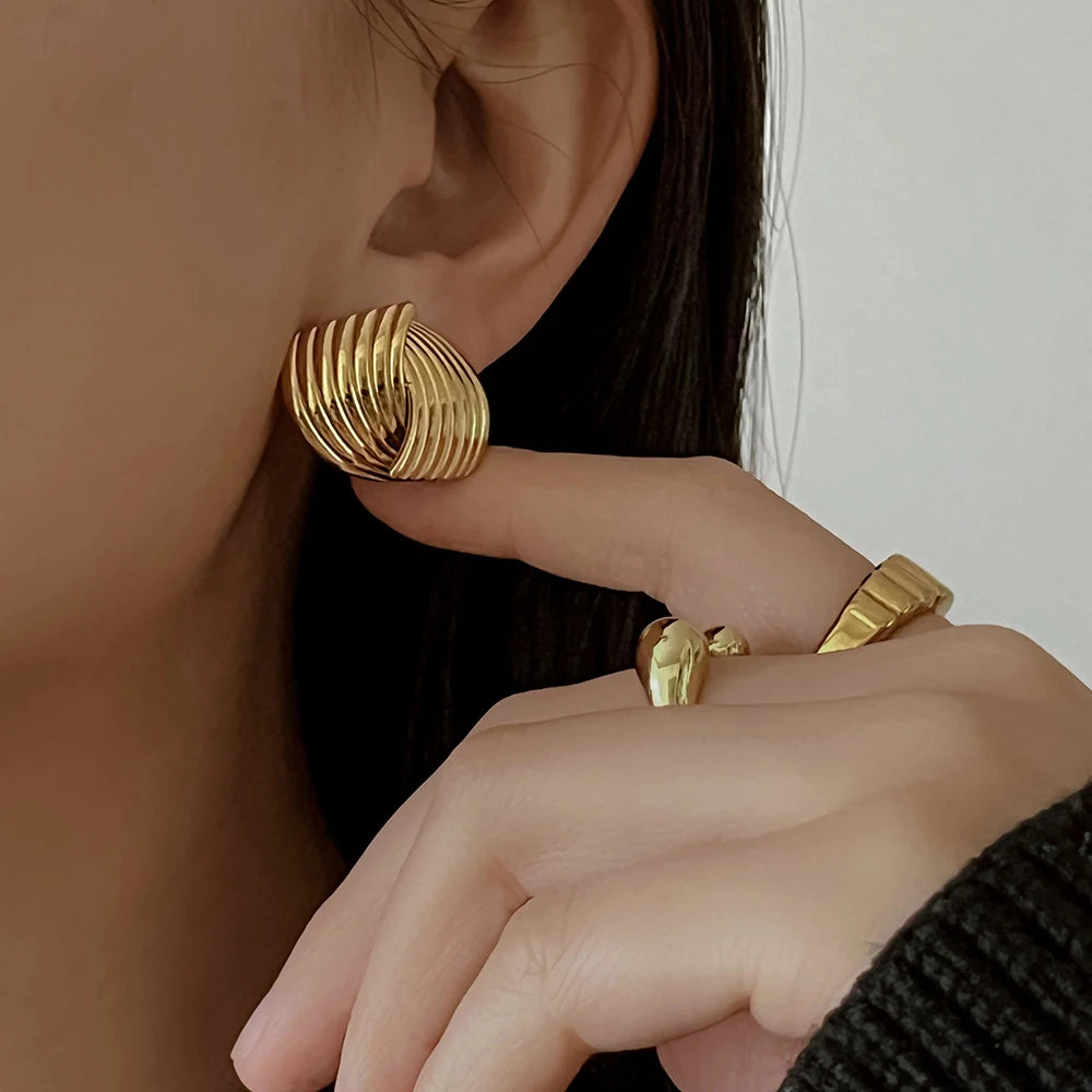 Gold Plated Textured Knot Twisted Geometric Stud Earrings