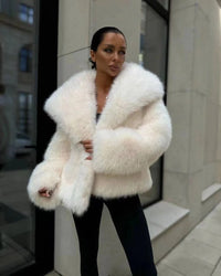 fur turn-down collar coat long sleeve cardigan