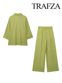 Wide elastic waist pants with simple decorative blouse