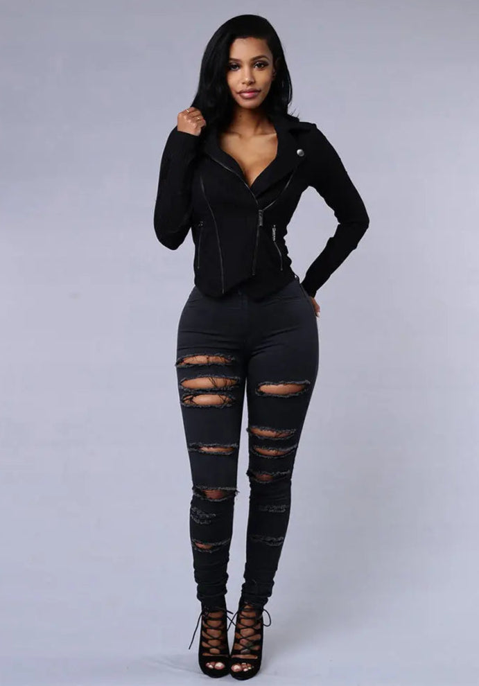 black and white ripped elastic jeans