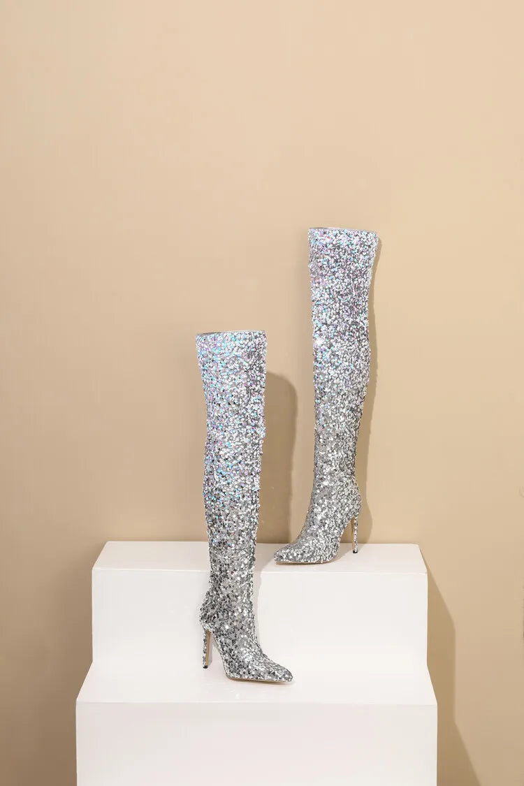 tight sequined thigh boots, gradient