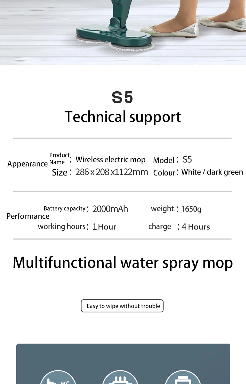 Balai essoreur électrique sans fil, rotation à 360°, nettoyage 2 en 1, utilisation humide et sèche