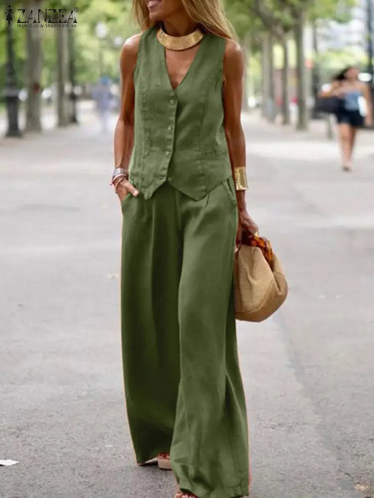 Elegant Sleeveless Wide Leg Pants Set Casual Vest