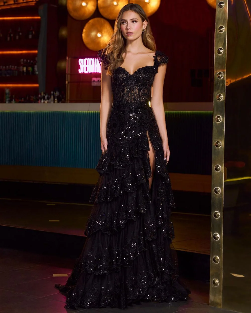 Luxurious Black Sequin Prom Dress with Lace Embroidery