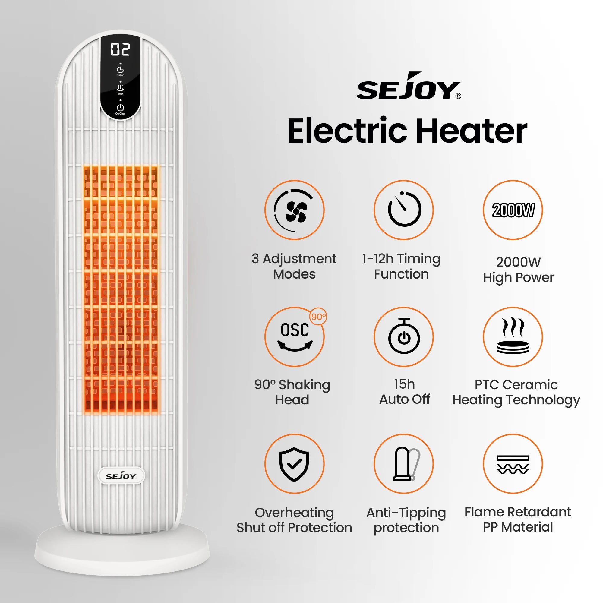 Sejoy 2000W Home Electric Heater 220v Space Heater PTC Ceramic Heater, with Timer, Auto Oscillation, 2 Speed Heating Fans