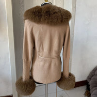 elegant knitted sweater with faux fox fur collar, fur coat