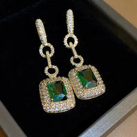 Large Gold Stud Earrings with Green Stone