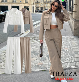 Casual Short Blazer Suit for Women TRAFZA Spring Fall Holiday Commuter Lapel Jacket with Pockets Pant SetAzizaK