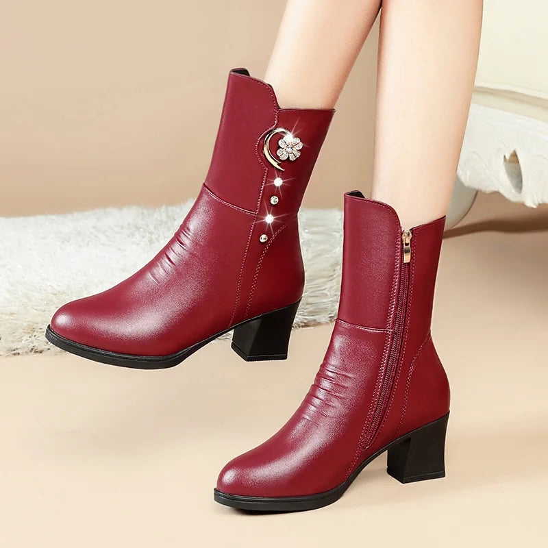 Women Ankle Boots Winter Thick Plush Comfortable High Heels Big Size Outdoor Anti-Skid Warm Middle Boots Botas Mujer Invierno