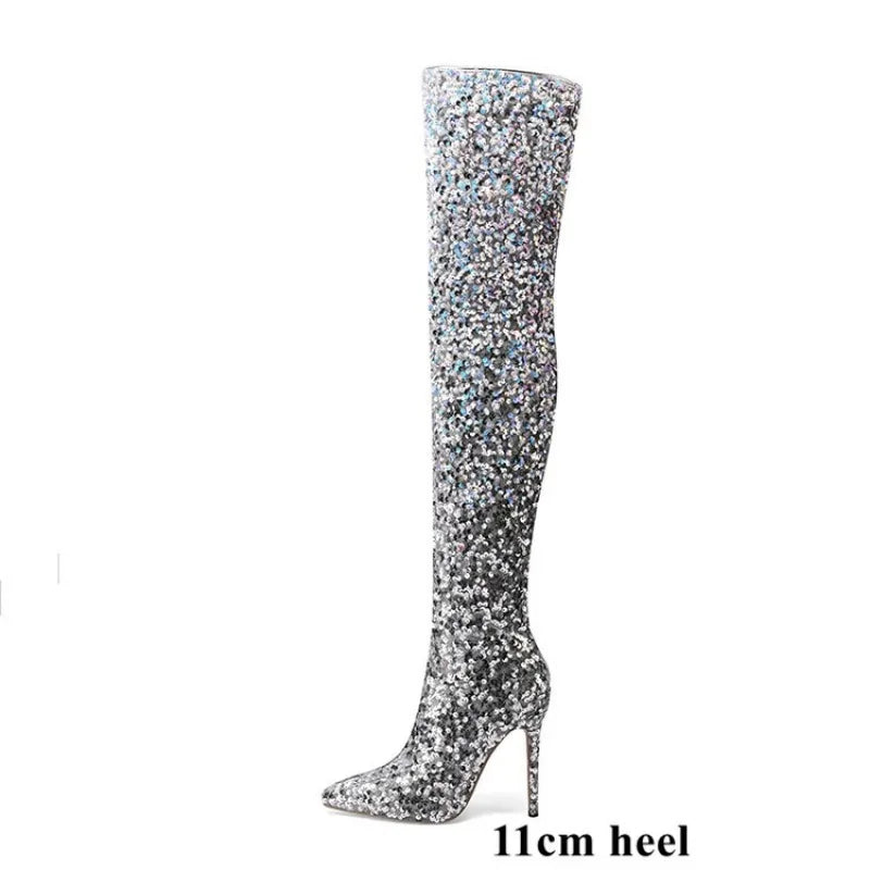 tight sequined thigh boots, gradient