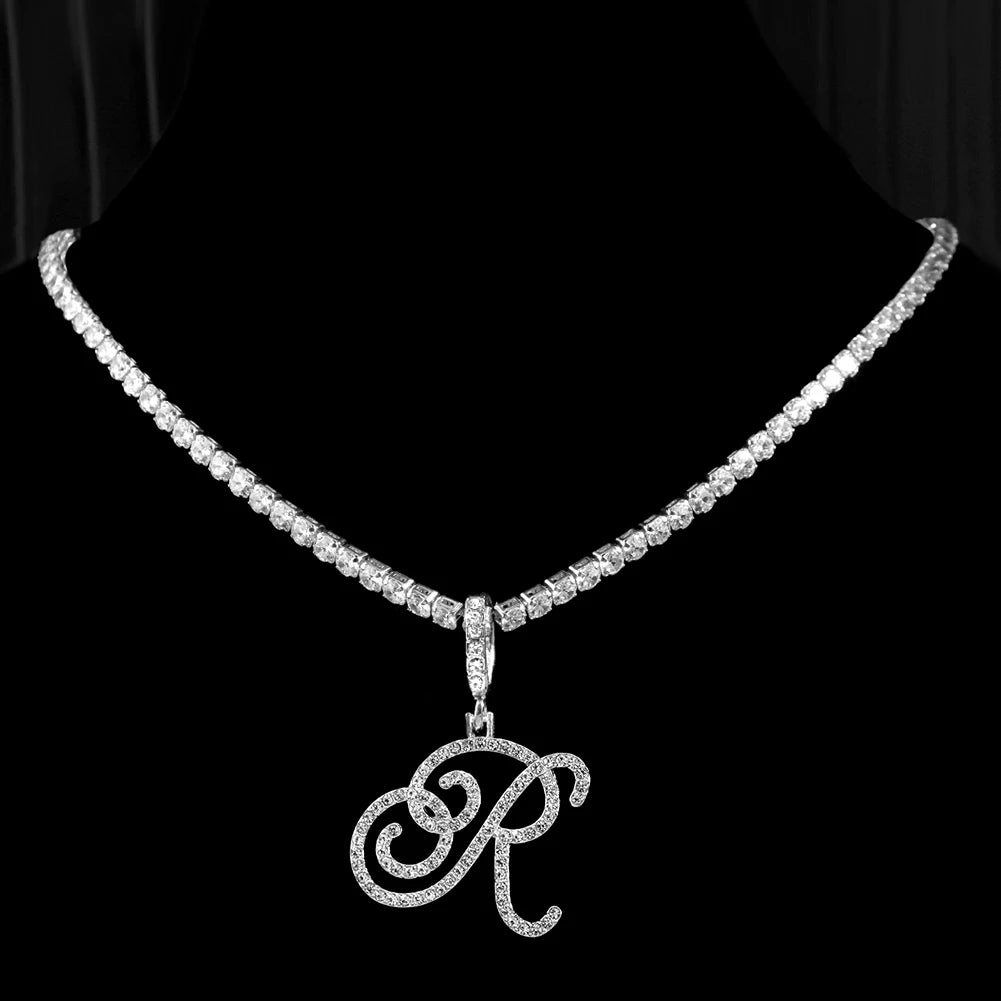 New Cursive Letters Cubic Zirconia Chain Intial Name Necklace Hip Hop Jewelry Gold Silver Color CZ 26 Alphabet Pendant Necklaces