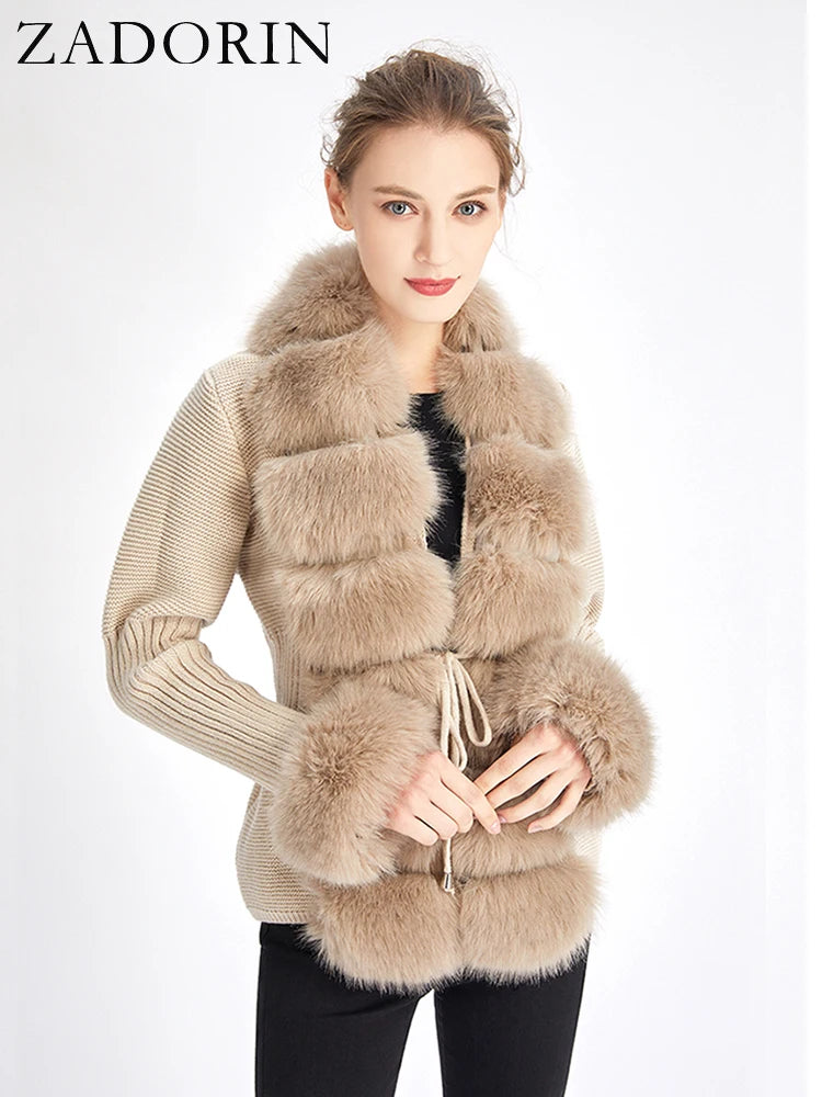 Faux Fur Coat Luxury Knitted Sweater Fur Cardigan Detachable Collar White Pink