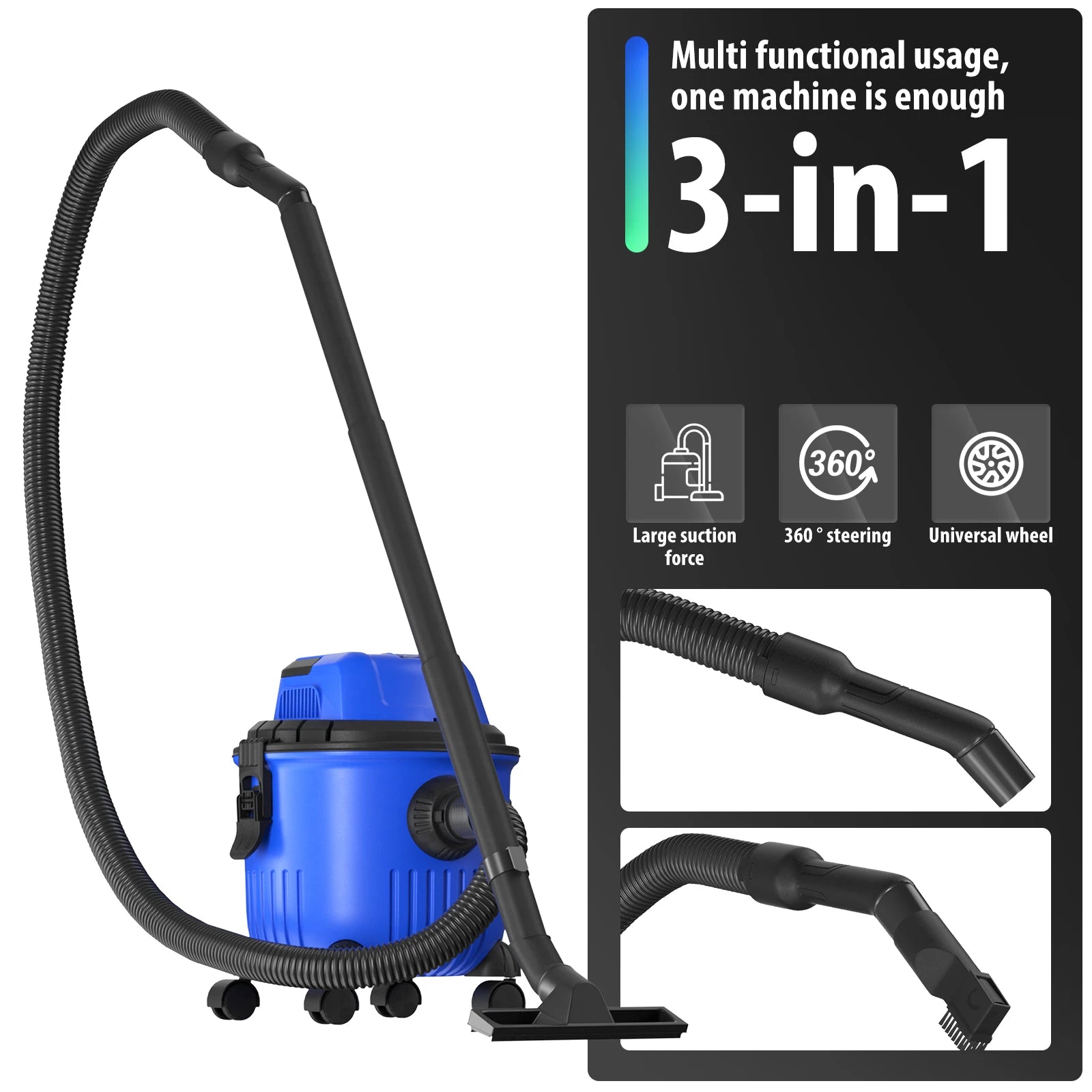 Aspirateur industriel DayPlus Hoover Wet and Dry 4800W Aspiration puissante Sans sac, 16Kpa, Capacité de 15 litres, 4 roulettes pivotantes