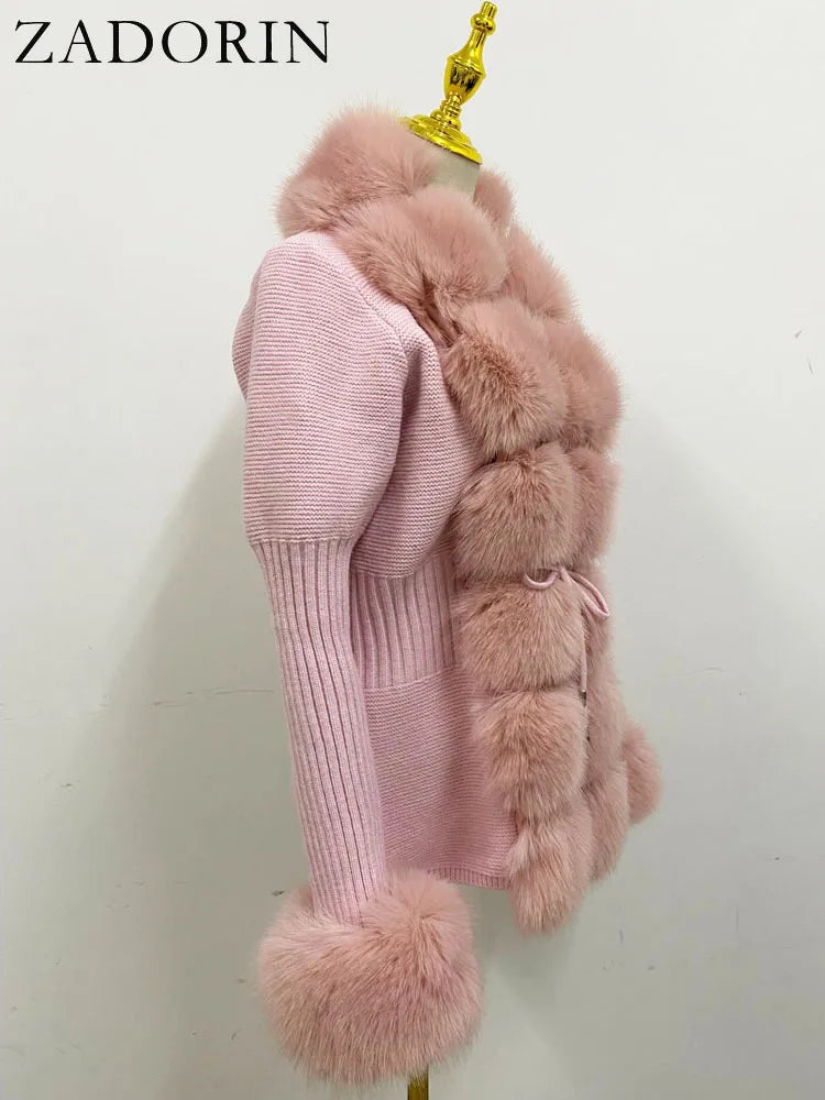 Faux Fur Coat Luxury Knitted Sweater Fur Cardigan Detachable Collar White Pink