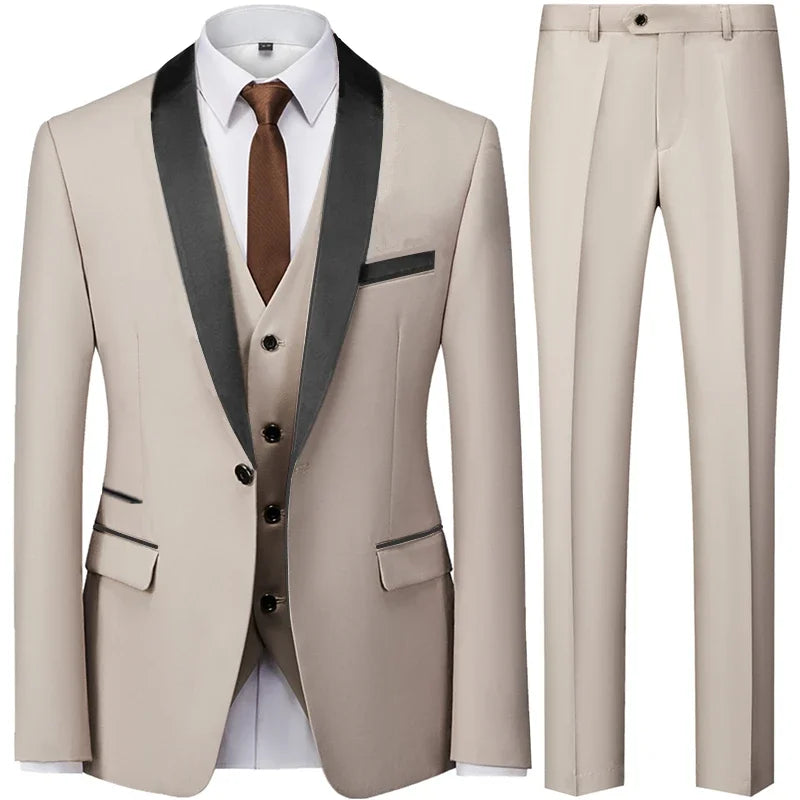 Men’s British Style Slim Suit 3 Piece Set Jacket Vest Pants