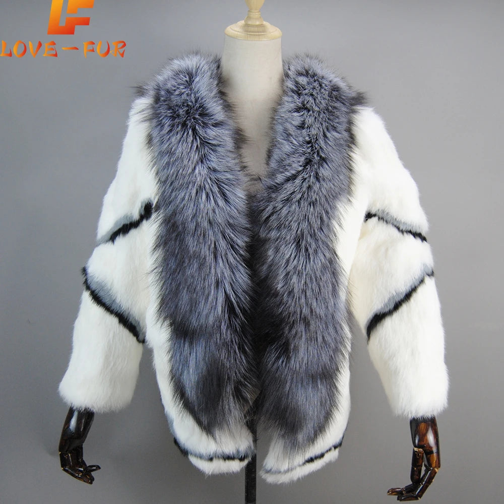 Natural rabbit fur coat with fox fur collar