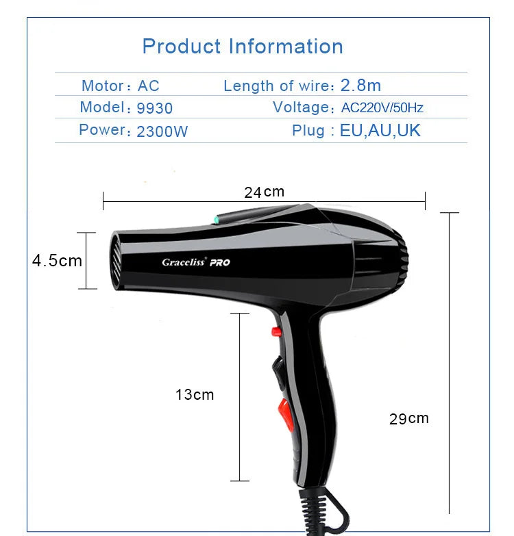 For hairdresser and hair salon long wire EU Plug Real 2300w power professional blow dryer salon Hair Dryer hairdryer