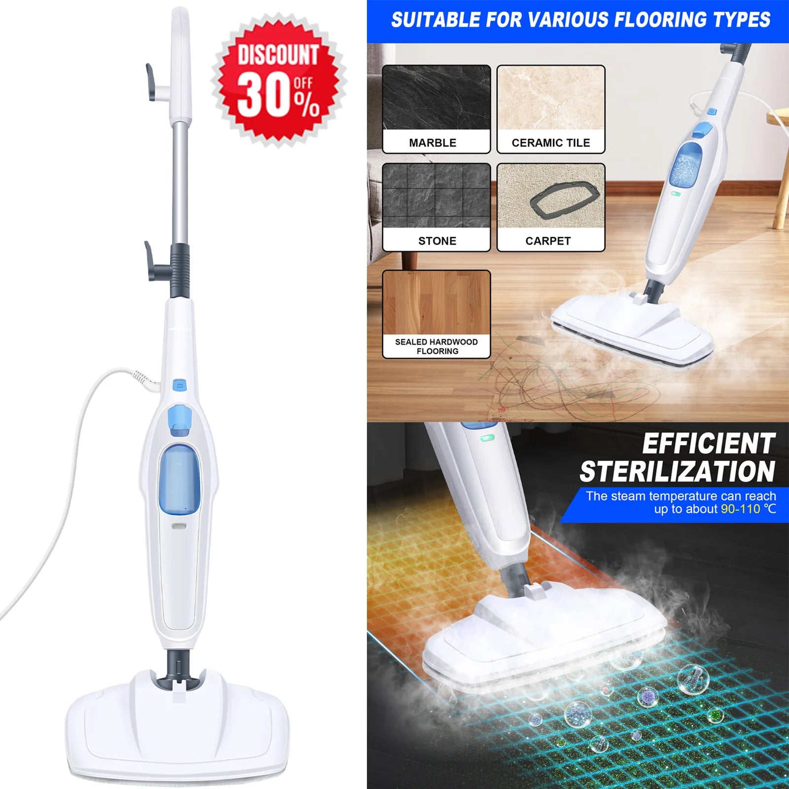 Balai à vapeur DayPlus et nettoyeur à vapeur amovible, nettoyeur à vapeur puissant de 1 500 W pour tapis, stratifié, bois dur, 2 tampons lavables, 400 ml