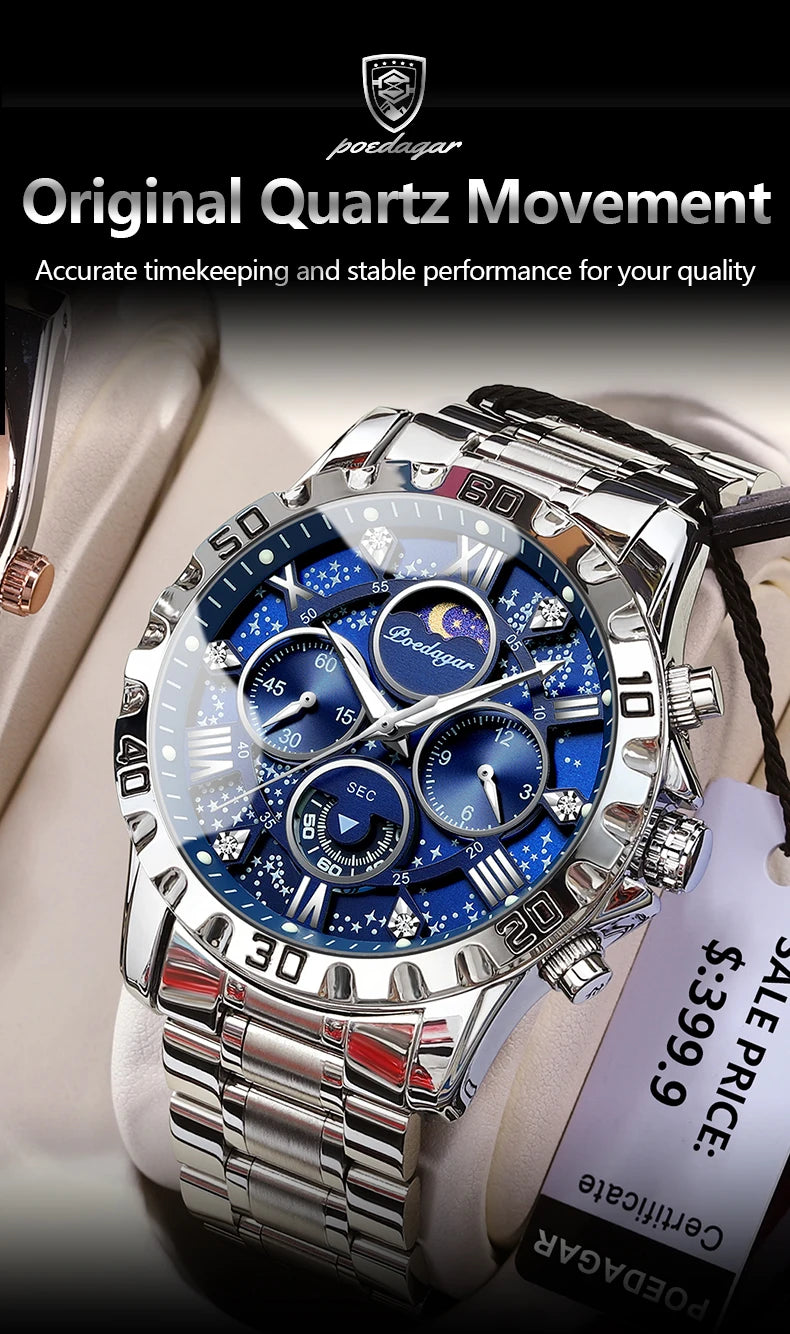 POEDAGAR Luxury Quartz Watch Sports Watch Waterproof Luminous Stainless Steel Chronograph Clock Reloj