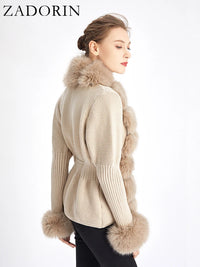 Faux Fur Coat Luxury Knitted Sweater Fur Cardigan Detachable Collar White Pink