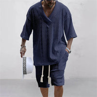 ☀️ 2-piece knitted set – V-neck T-shirt and shorts