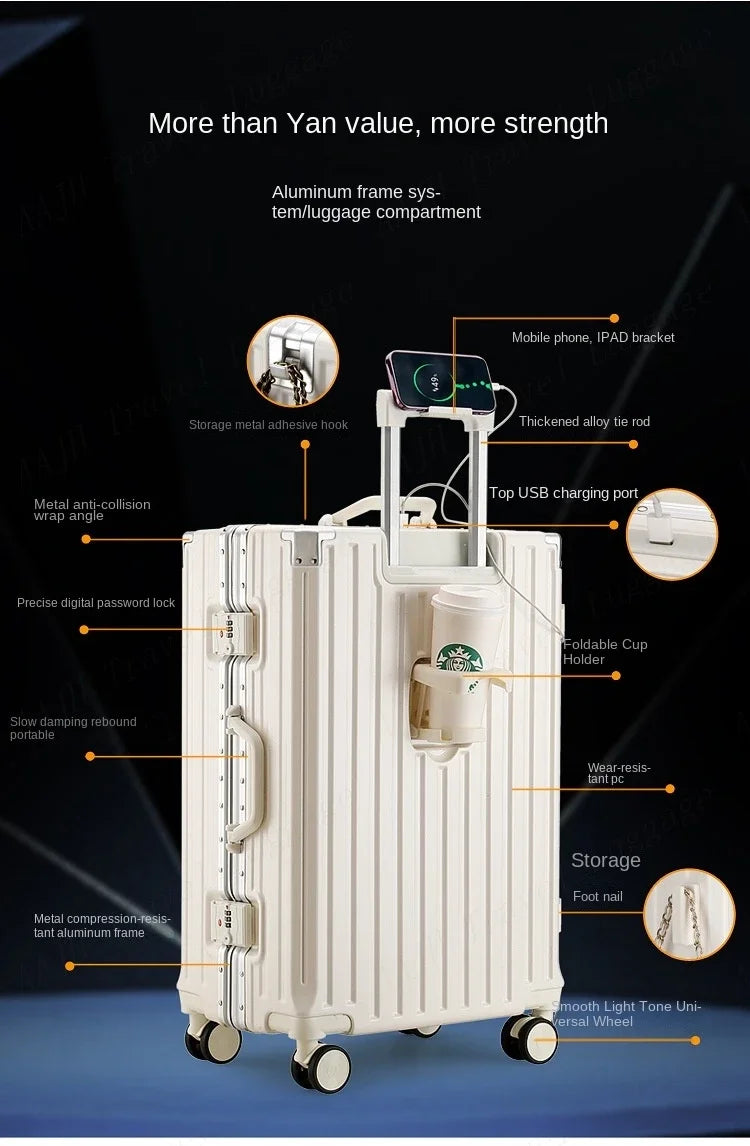 Travel Suitcase with USB Cup Holder, Aluminum Frame