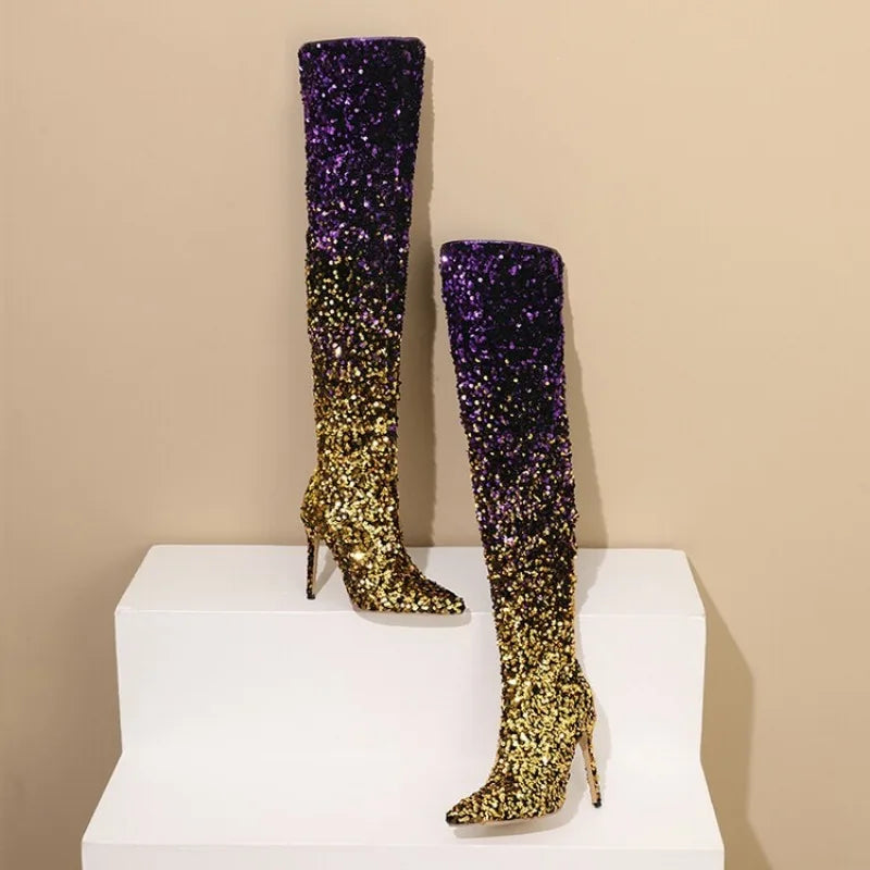 tight sequined thigh boots, gradient