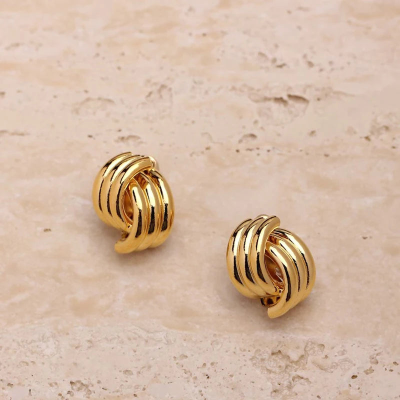 Gold Plated Textured Knot Twisted Geometric Stud Earrings