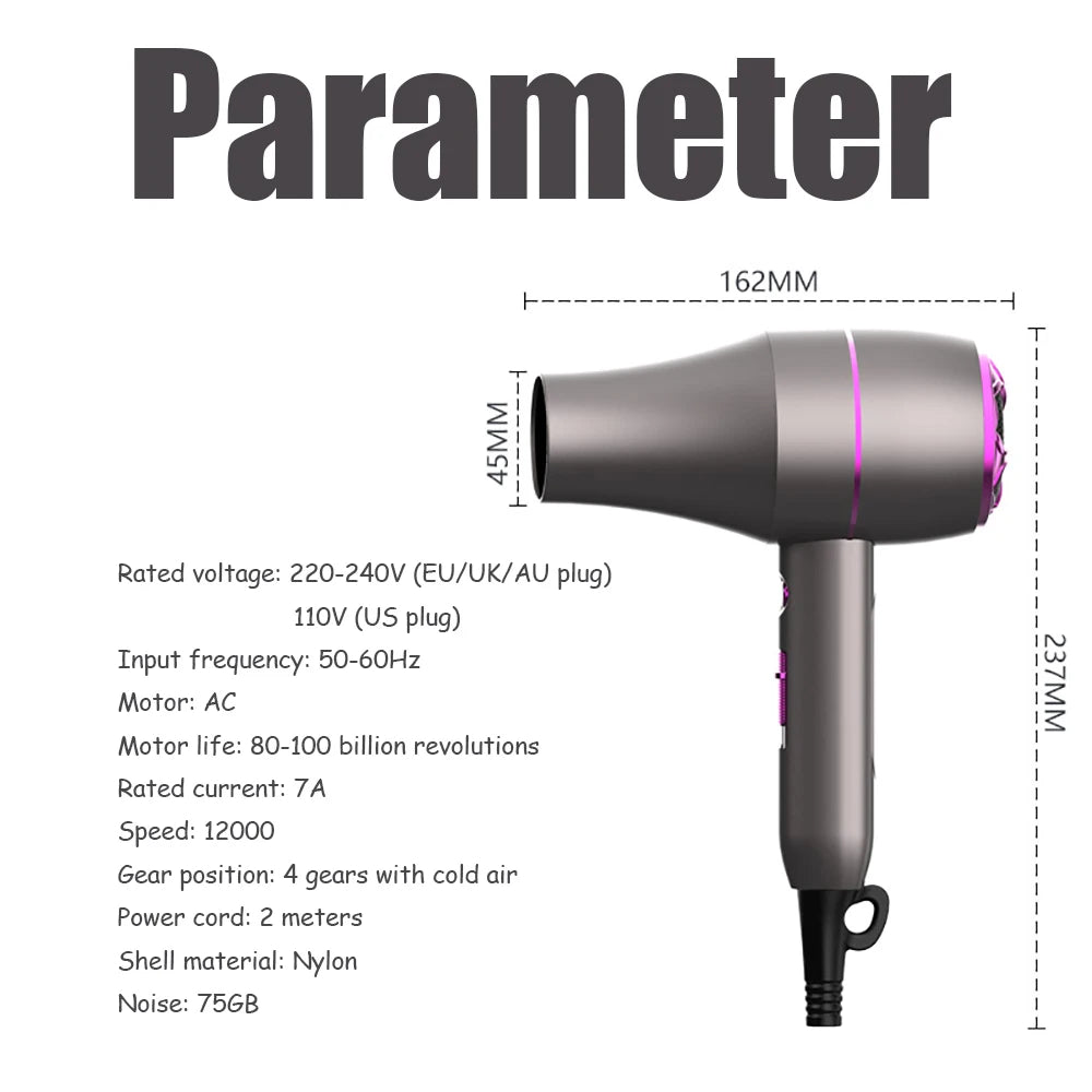 Professional Hair Dryer 1800W Powerful Hot and Cold Strong Wind Blower Constant Temperature  Collecting  Air Comb Nozzle Gear