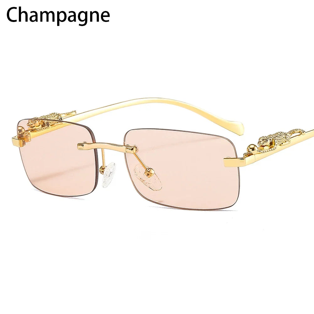 Rimless Square Sunglasses Retro Designer Gold Leopard Style Lenses