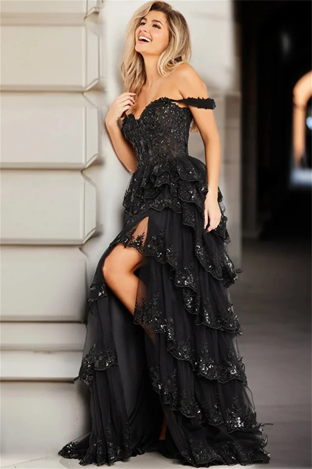 Luxurious Black Sequin Prom Dress with Lace Embroidery