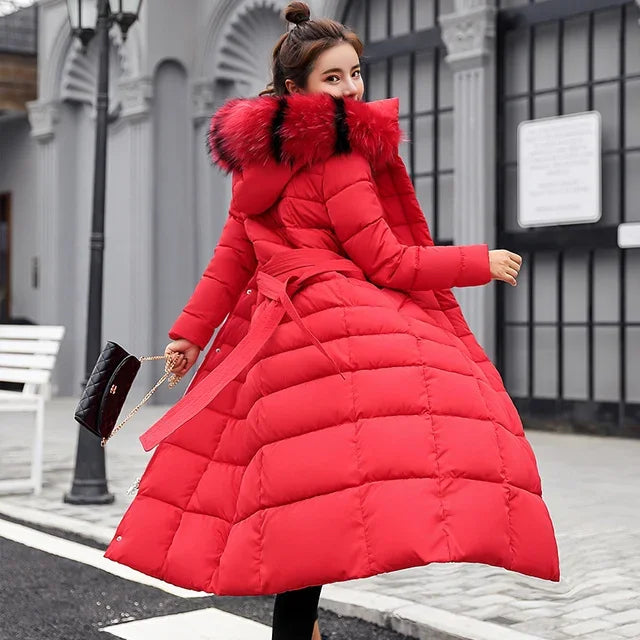 Long Fox Fur Bow Warm Down Coat