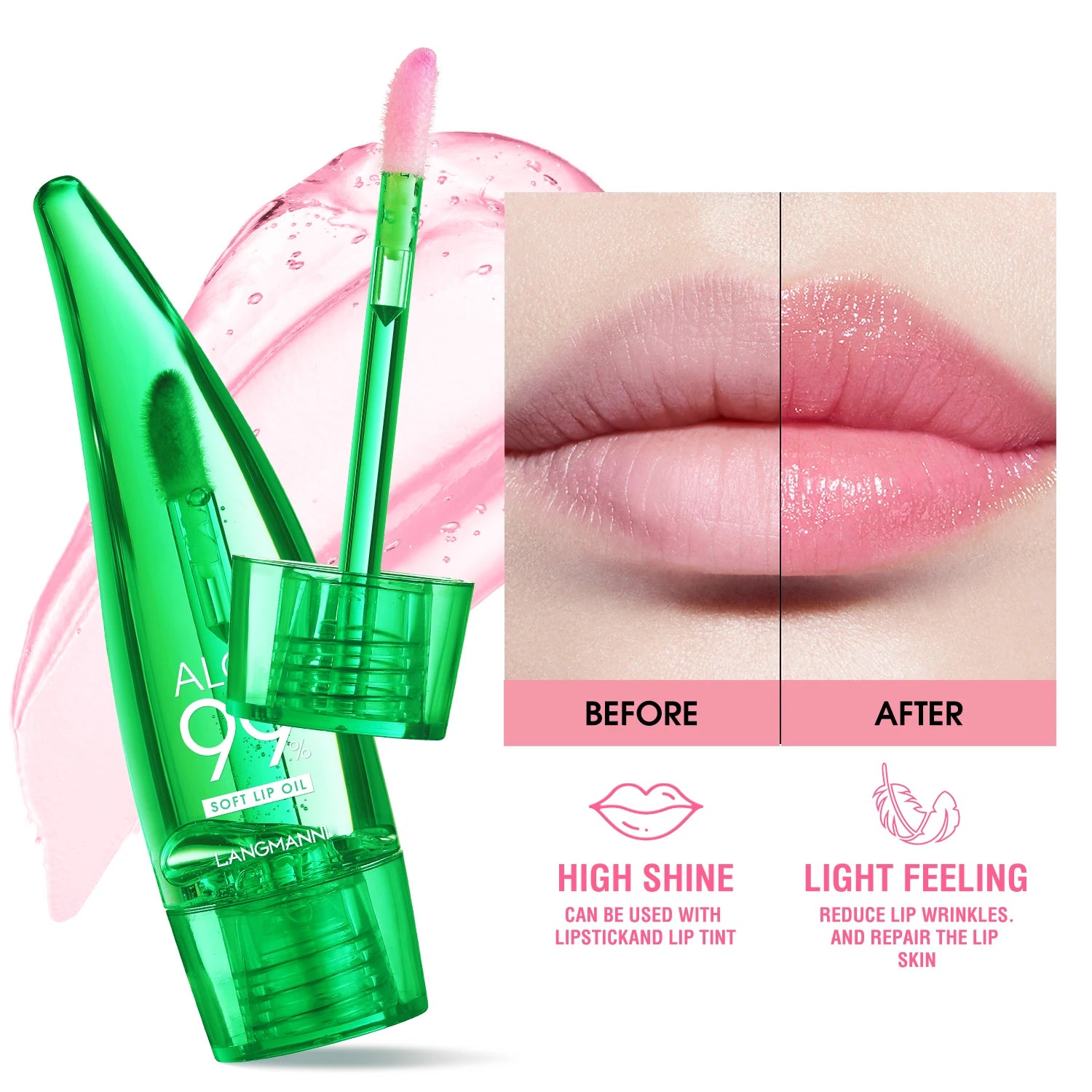 Langmanni Aloe Vera Moisturizing Lip Gloss - Color Changing Lip Glaze - Warming Sensation - Long Lasting Hydrating Lip Oil