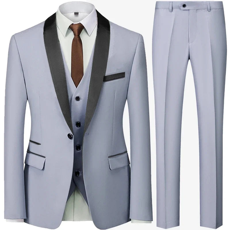 Men’s British Style Slim Suit 3 Piece Set Jacket Vest Pants