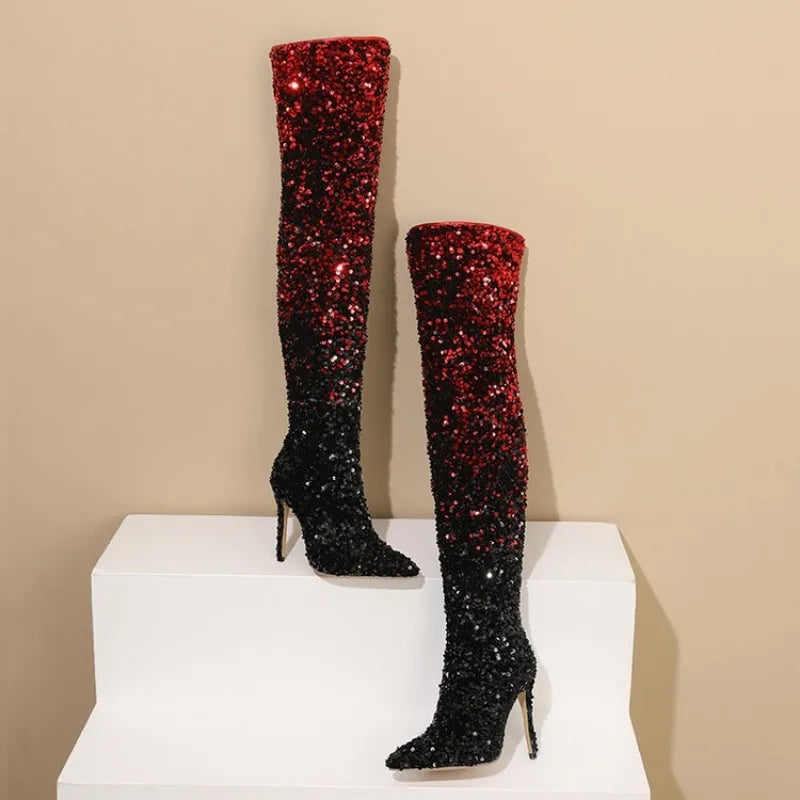 tight sequined thigh boots, gradient