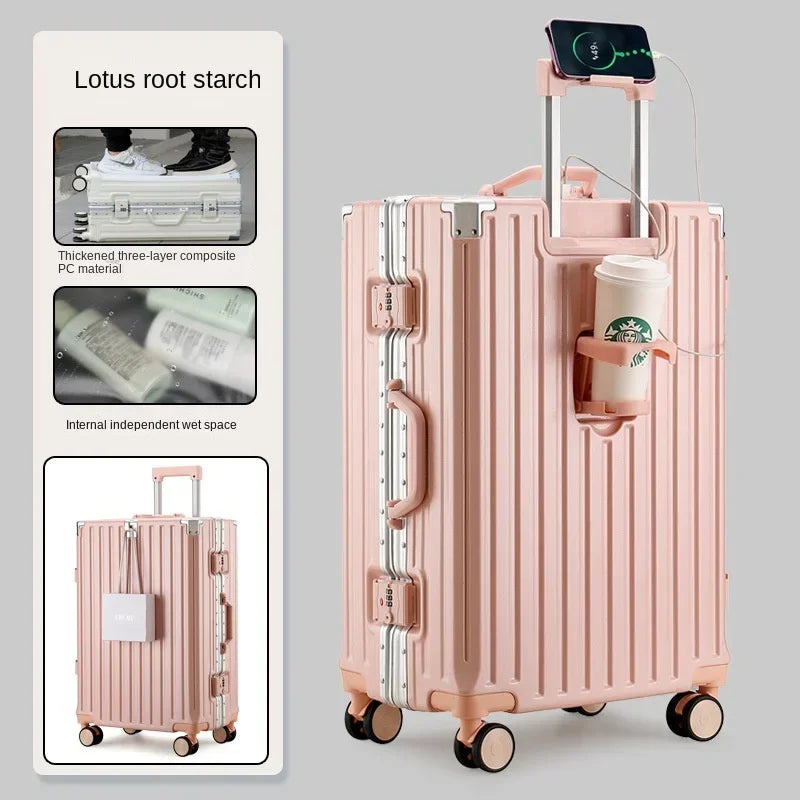 Travel Suitcase with USB Cup Holder, Aluminum Frame