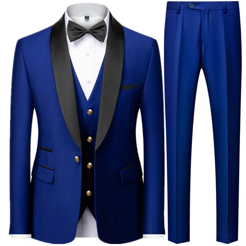 Men’s British Style Slim Suit 3 Piece Set Jacket Vest Pants