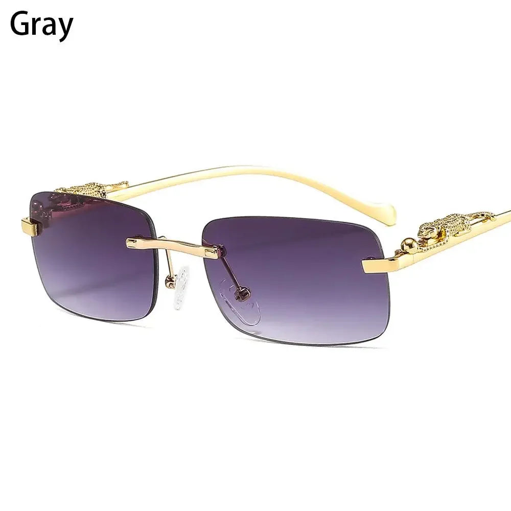 Rimless Square Sunglasses Retro Designer Gold Leopard Style Lenses