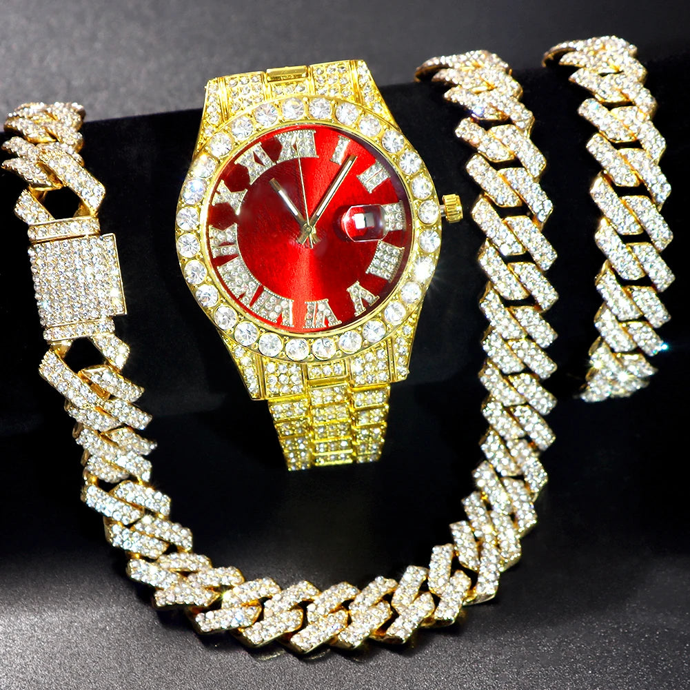 Necklace+Watch+Bracelet Iced Out Watch For Men Hip Hop 14MM Prong