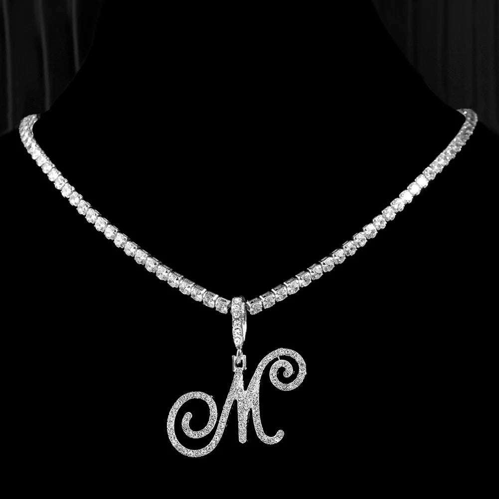 New Cursive Letters Cubic Zirconia Chain Intial Name Necklace Hip Hop Jewelry Gold Silver Color CZ 26 Alphabet Pendant Necklaces