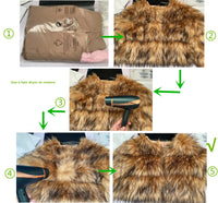 Faux Fur Coat with Fox and Raccoon Leather Hood, Brown, Plus Size