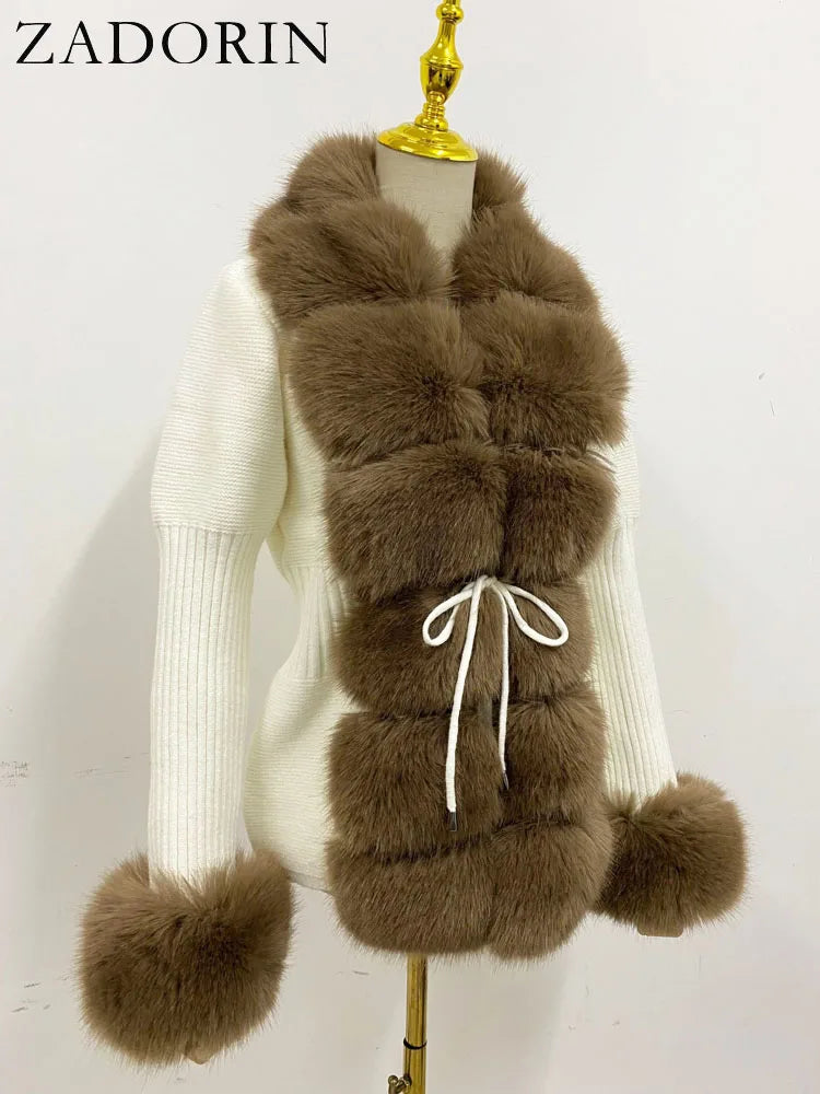 Faux Fur Coat Luxury Knitted Sweater Fur Cardigan Detachable Collar White Pink