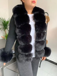 elegant knitted sweater with faux fox fur collar, fur coat