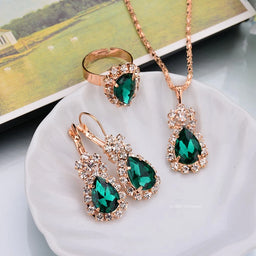 Waterdrop Green Rhinestone Necklace Earrings Ring Jewelry Set Chic Ladies Jewelry Fashion Bling Bling Bridal Party Accessories