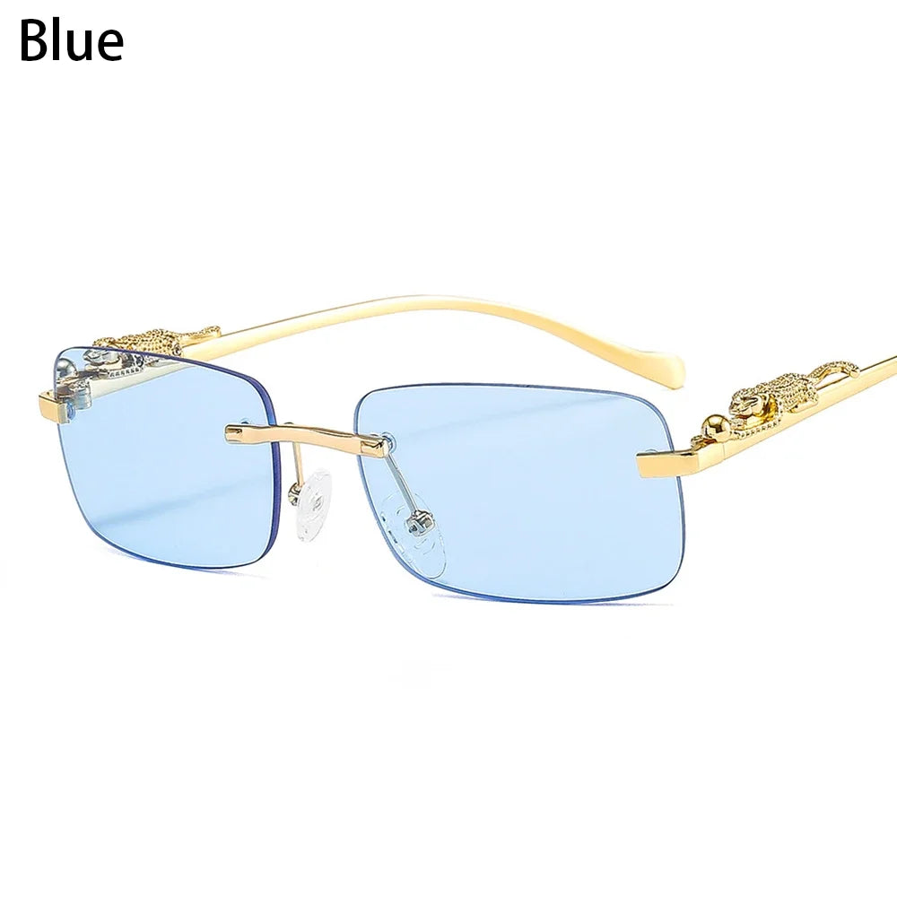 Rimless Square Sunglasses Retro Designer Gold Leopard Style Lenses