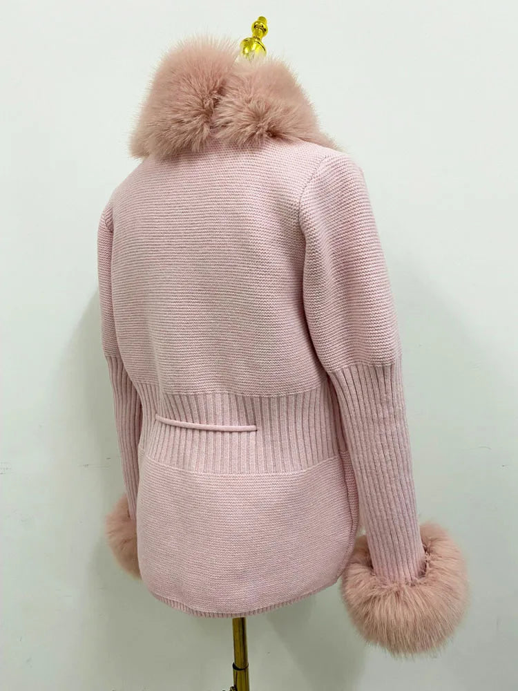 Faux Fur Coat Luxury Knitted Sweater Fur Cardigan Detachable Collar White Pink